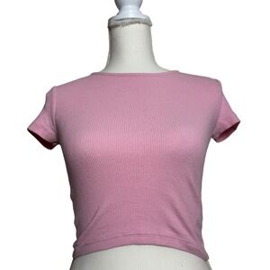 H&M Divided Pink Ribbed Cropped T Shirt Baby Tee Top Womens XS Basic‎ Coquette